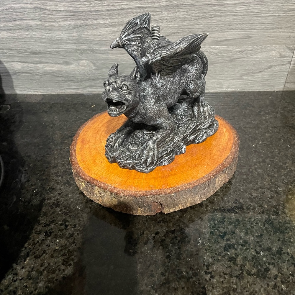 Black Gargoyle Figurine on Wood Base